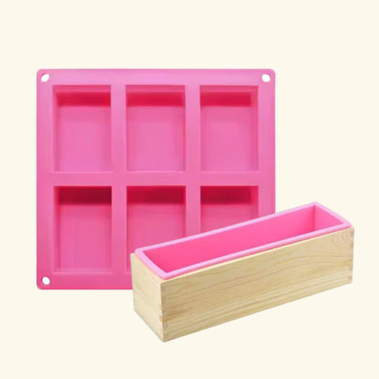 6 Cavity Rectangle Shape Soap Mold + Wooden Soap Mold - Combo Pack