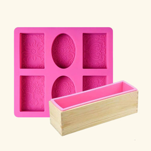 6 Flower Pattern Shape Rectangle Mold + Wooden Rectangle Silicone Soap Mould- Combo Pack